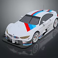 White BMW Race Car With Red And Blue Stripes Sporty Aerodynamic Design