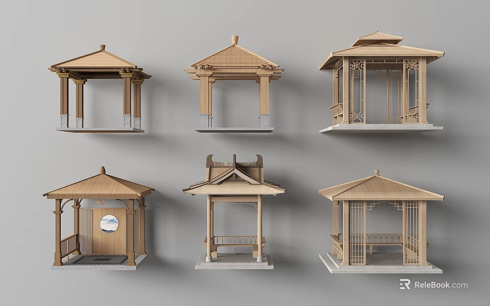 Traditional Chinese Wooden Pavilion Models With Different Roof And Design Styles 3d model 