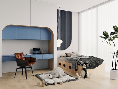 Modern Tatami Bedroom Children's Room Bookcase Desk Chair Children's Bed Toy Boy 3d model