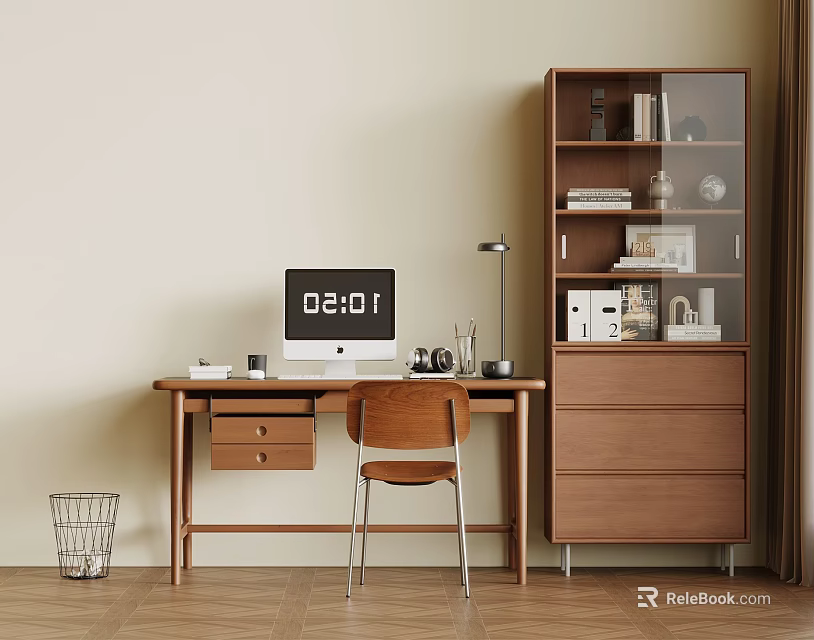 Modern Wooden Desk Setup With Computer Monitor Lamp Mug Chair And Glass Door Bookshelf 3d model 