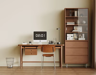 Modern Wooden Desk Setup With Computer Monitor Lamp Mug Chair And Glass Door Bookshelf 3d model