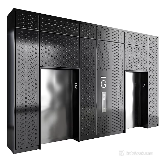 Modern Elevators With Perforated Black Panels And Steel Doors 3d model 