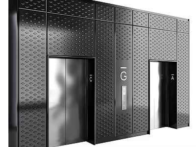 Modern Elevators With Perforated Black Panels And Steel Doors 3d model