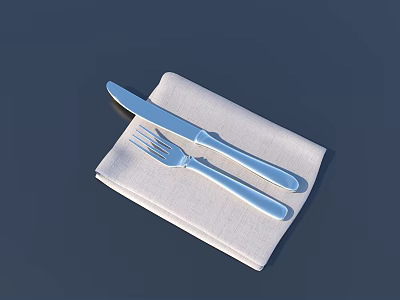 Silver Knife And Fork Set Placed On White Napkin Against Dark Background 3d model