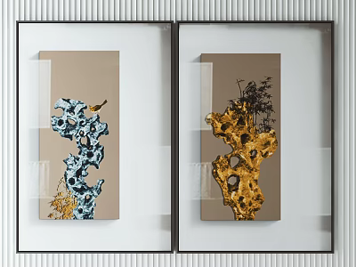 Modern Abstract Decorative Paintings With Blue Gold Patterns And Framed Design 3d model