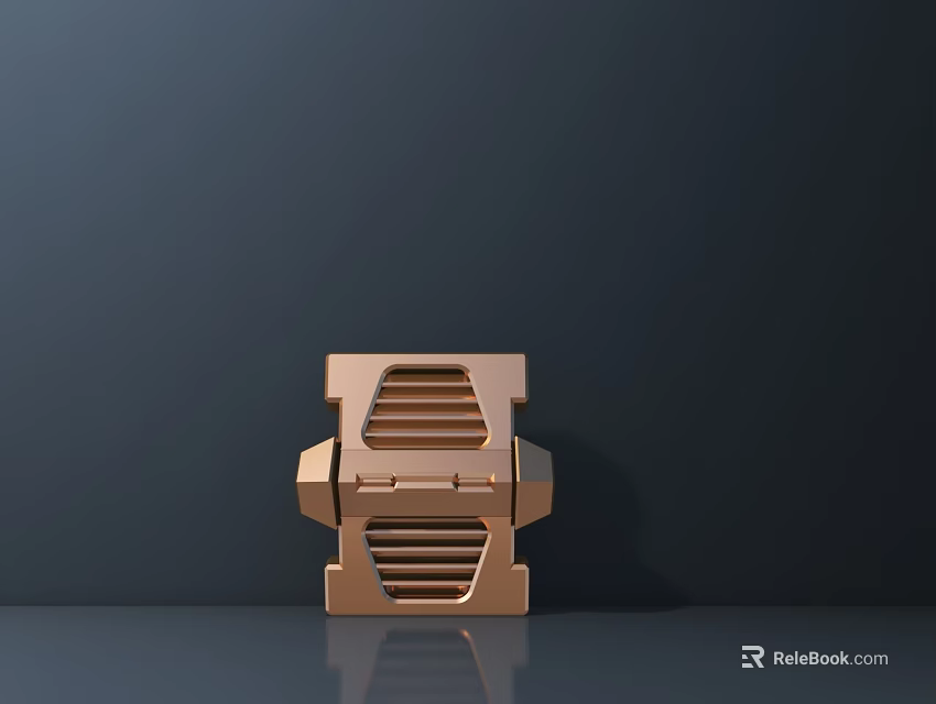 Copper Colored Geometric Sculpture With Striped Surface On Dark Background Platform And Reflection 3d model 