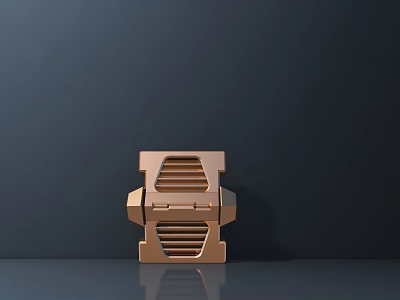 Copper Colored Geometric Sculpture With Striped Surface On Dark Background Platform And Reflection 3d model