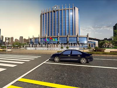 Modern Hotel Building With Glass Curtain Wall Entrance Flags Front Fountain And Car In Front 3d model