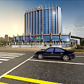 Modern Hotel Building With Glass Curtain Wall Entrance Flags Front Fountain And Car In Front