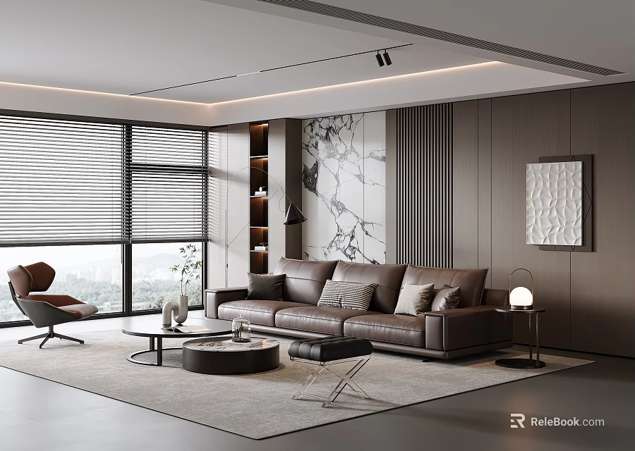 Modern Living Room Interior With Brown Leather Sofa And Marble Accent Wall 3d model 