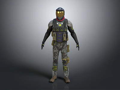 Tactical Combat Character 3D Model Featuring Helmet Glowing Goggles Tactical Vest Camouflage Pants Brown Boots 3d model