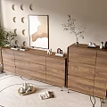 Modern Wooden Entryway Cabinet And Sideboard With Decorative Items And Circular Wall Designs