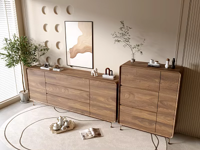 Modern Wooden Entryway Cabinet And Sideboard With Decorative Items And Circular Wall Designs 3d model