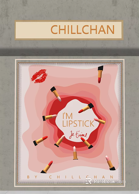 Vibrant Lipstick Window Display Featuring Red Lips Scattered Lipsticks And Pink Gradient Background 3d model 