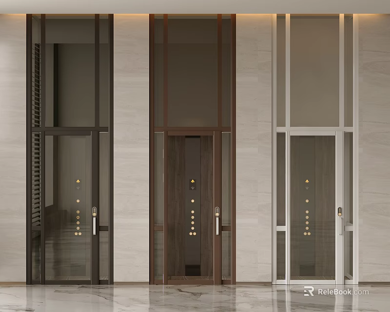 Modern Elevator With Glass Doors Metal Frame And Marble Wall Interior 3d model