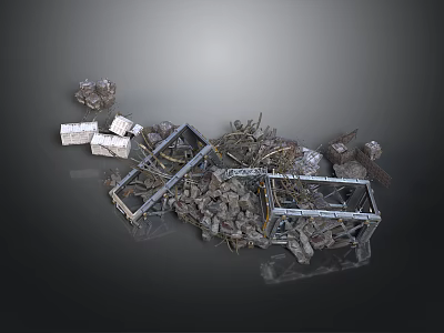 Construction Debris Scene With Metal Frames Stones Bricks And Pile 3d model