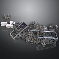Construction Debris Scene With Metal Frames Stones Bricks And Pile