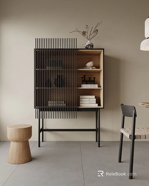 Modern Decorative Cabinet Featuring Vertical Slats Black Frame And Wooden Layered Shelves With Decorative Items 3d model 