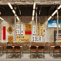 Modern Industrial Restaurant Interior With Long Tables Chairs Metal Pipe Ceiling And Wooden Partitions