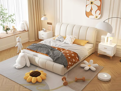 Upholstered Kids Bed With Soft Quilt Stuffed Rabbits Sunflower Rug Nightstands Lamps Flower Wall Decor 3d model