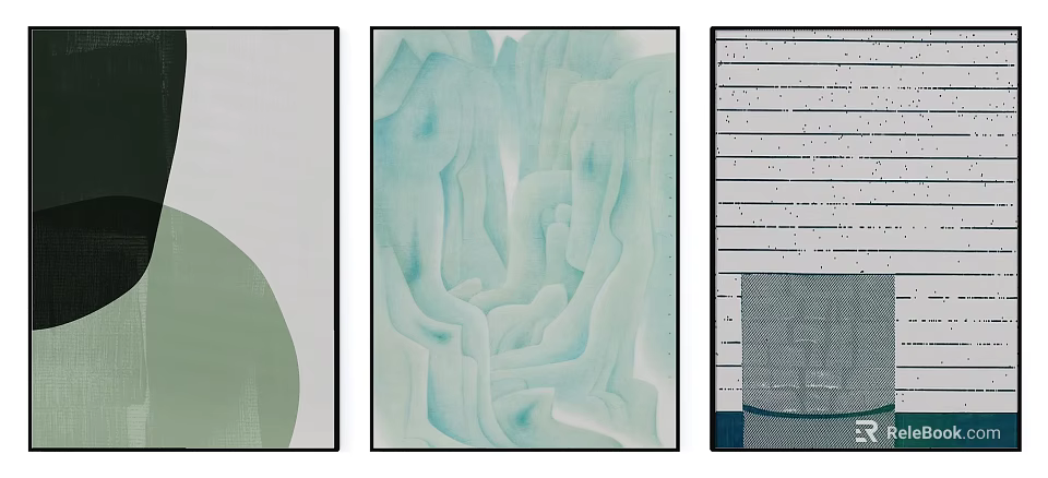 Modern Abstract Painting With Fluid Turquoise Lines Circular And Striped Geometric Patterns 3d model