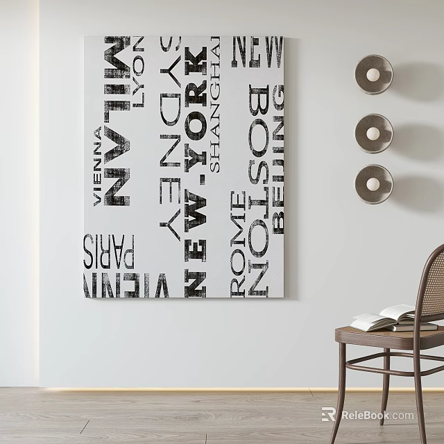 Wall Art With City Names And Chair With Books In Modern Interior 3d model 