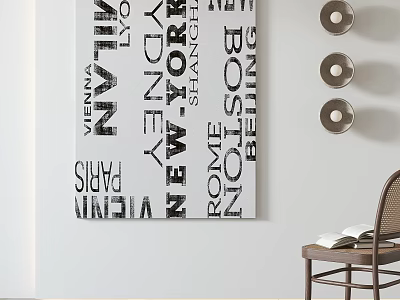 Wall Art With City Names And Chair With Books In Modern Interior 3d model