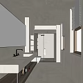 Modern Minimalist Bathroom Interior With Large Mirror Sink Glass Shower Enclosure Window Blinds And Shelves