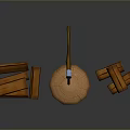 Wooden Stump With Blue Axe And Chopping Blocks On Gray Background