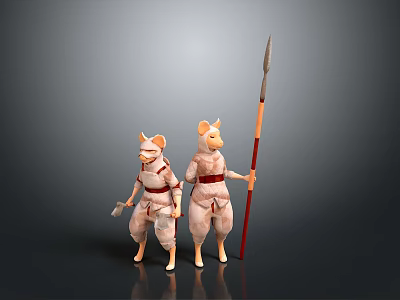 Two Mouse Like Characters In Red Straps Standing Together With Spear And Small Tool 3d model