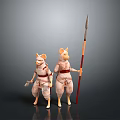 Two Mouse Like Characters In Red Straps Standing Together With Spear And Small Tool