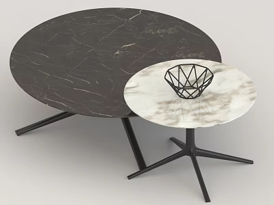 Modern Black And White Marble Round Coffee Tables With Black Metal Legs And Geometric Decor 3d model