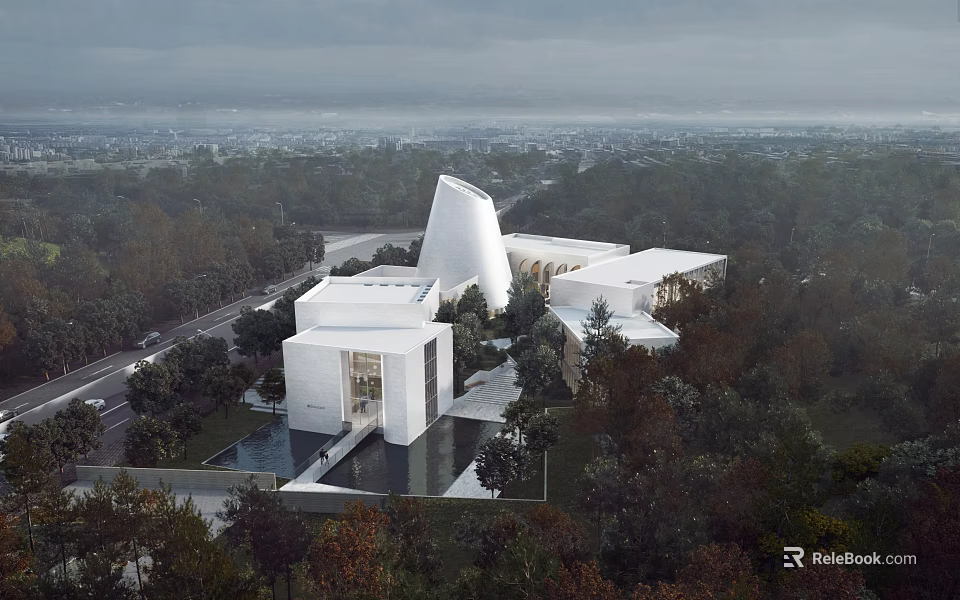 Modern White Sales Office Building With Unique Geometric Design And Tree Surrounded Landscape 3d model 