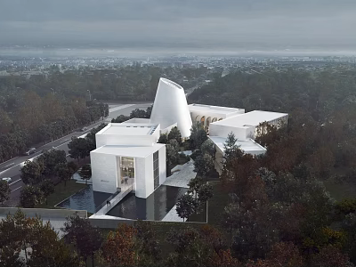 Modern White Sales Office Building With Unique Geometric Design And Tree Surrounded Landscape 3d model