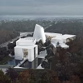 Modern White Sales Office Building With Unique Geometric Design And Tree Surrounded Landscape