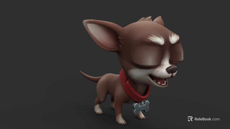 Cute Brown Cartoon Chihuahua Wearing Red Collar With Bone Pendant Smiling Closed Eyes 3d model 