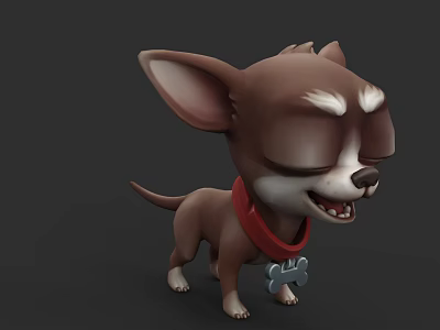 Cute Brown Cartoon Chihuahua Wearing Red Collar With Bone Pendant Smiling Closed Eyes 3d model