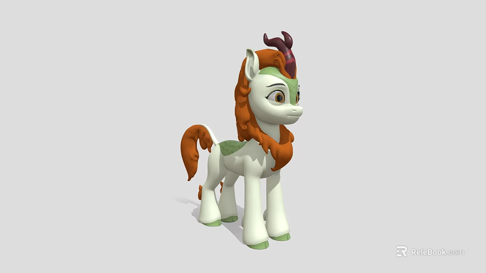 Cute Cartoon Pony Character With White Body Brown Mane And Green Hooves 3d model 