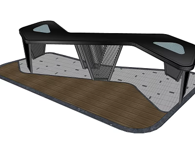 Modern Pergola Design With Curved Black Roof Grid Support And Wooden Platform 3d model