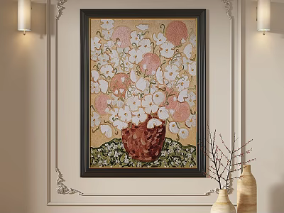 Elegant Oil Painting of Red Vase with Pink and White Flowers in Ornate Frame 3d model
