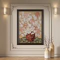 Elegant Oil Painting of Red Vase with Pink and White Flowers in Ornate Frame