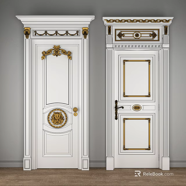 Elegant White Swing Doors With Ornate Golden Decorations And Classic Patterns 3d model 