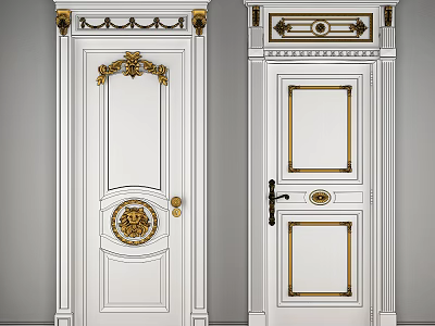 Elegant White Swing Doors With Ornate Golden Decorations And Classic Patterns 3d model