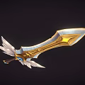 Ornate Golden Sword With Blue Gem White Feathers And Brown Hilt Design