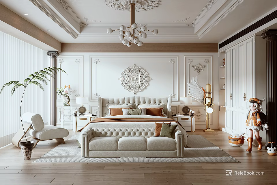 Luxurious Bedroom Interior With Decorative Wall Panel Chandelier Upholstered Bed Sofa Bench And Wooden Flooring 3d model 