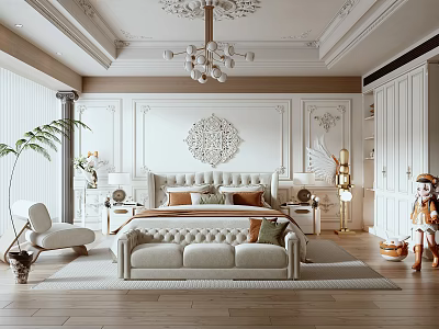Luxurious Bedroom Interior With Decorative Wall Panel Chandelier Upholstered Bed Sofa Bench And Wooden Flooring 3d model