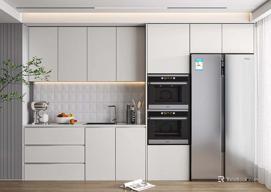 Modern Kitchen Interior With White Cabinets Stainless Steel Appliances And Tile Backsplash 3d model 