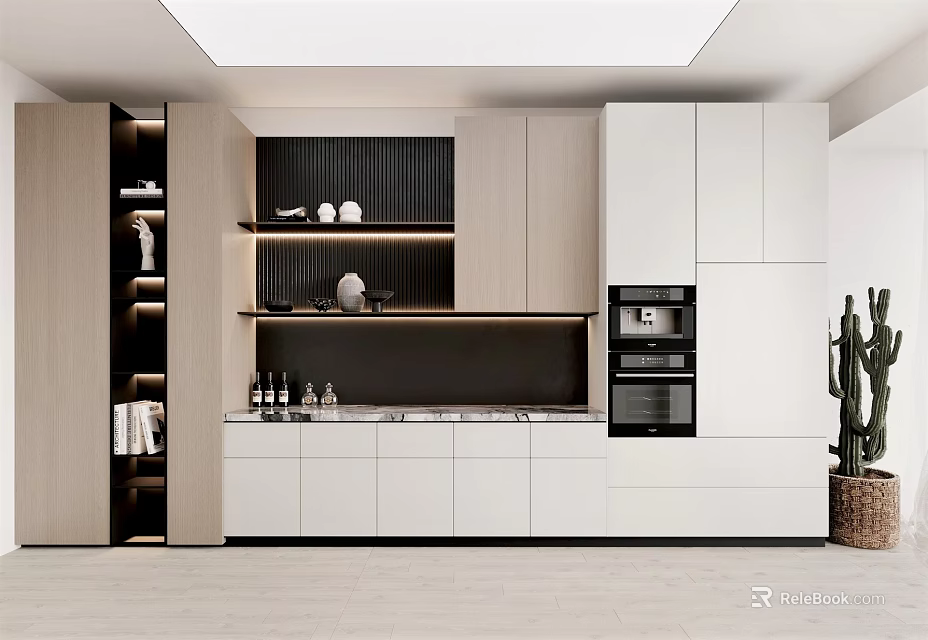 Modern Kitchen Interior With White Light Wood Cabinets Countertop Shelves And Appliances 3d model 