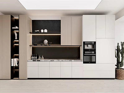 Modern Kitchen Interior With White Light Wood Cabinets Countertop Shelves And Appliances 3d model