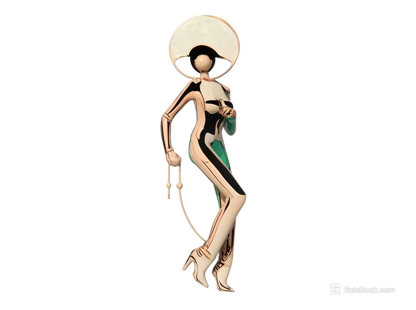 Modern Female Sculpture Carving With Geometric Design Gold Green Elements And Long Stick 3d model 